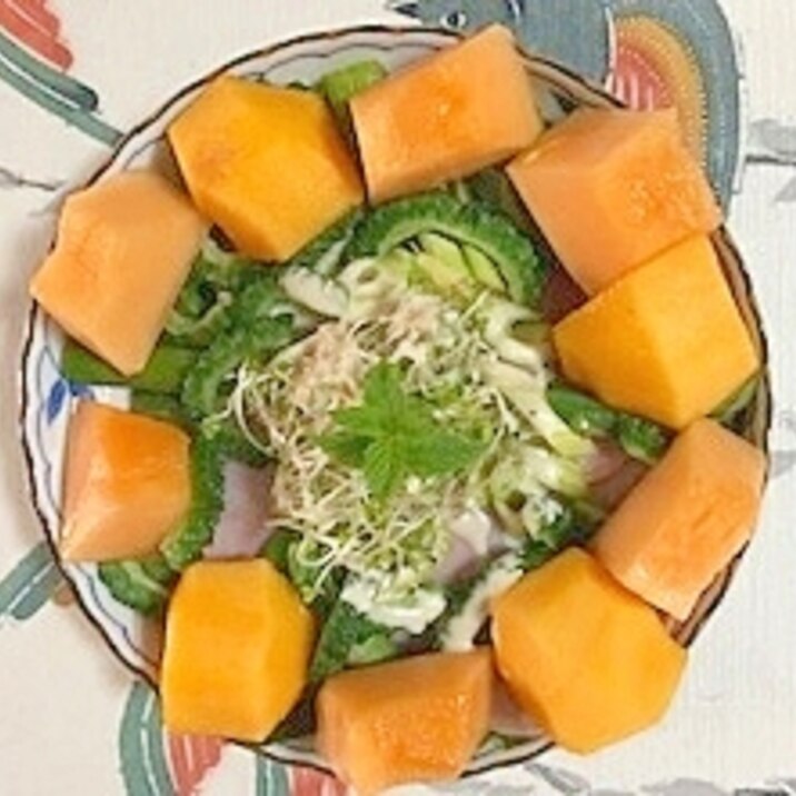 ほうれん草、ゴーヤ、ロースハム、柿、パインのサラダ